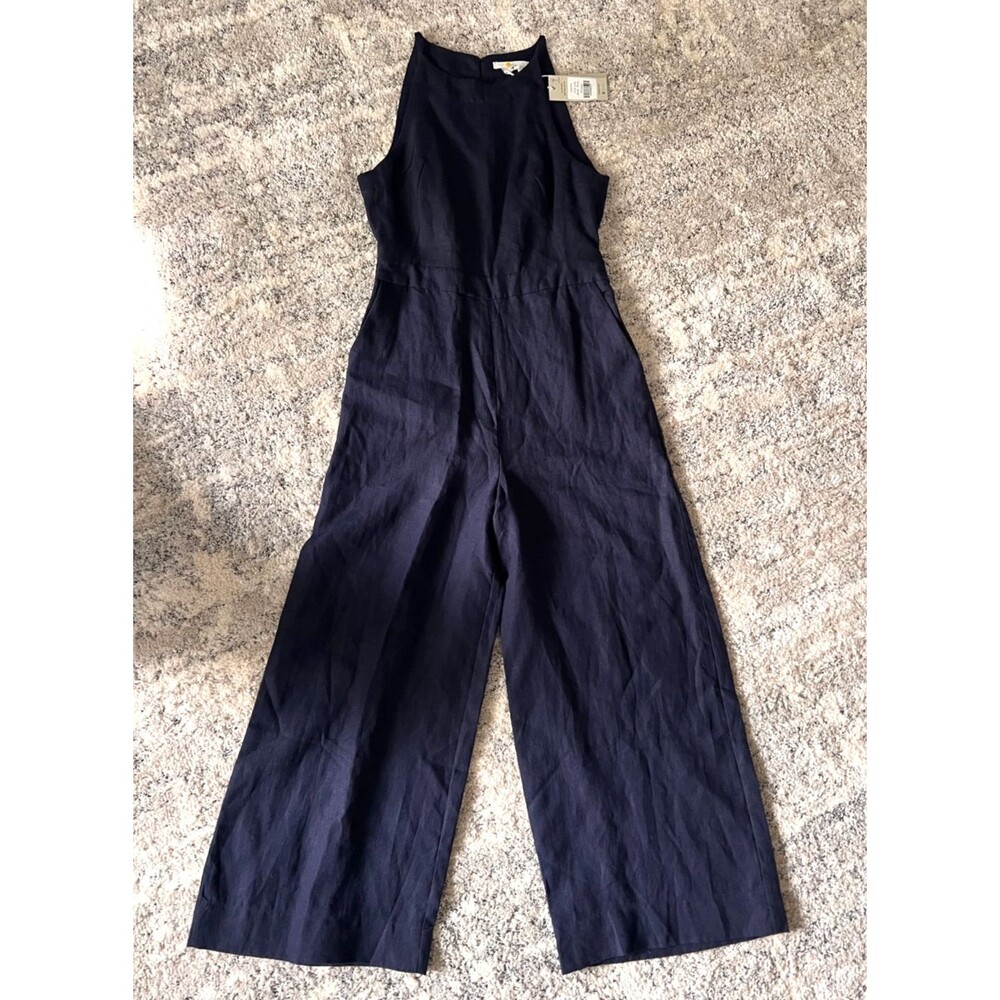 NWT Boden 100% Linen Wide Leg Jumpsuit Women's 2R Halter Neck Navy Blue Resort - Picture 3 of 13